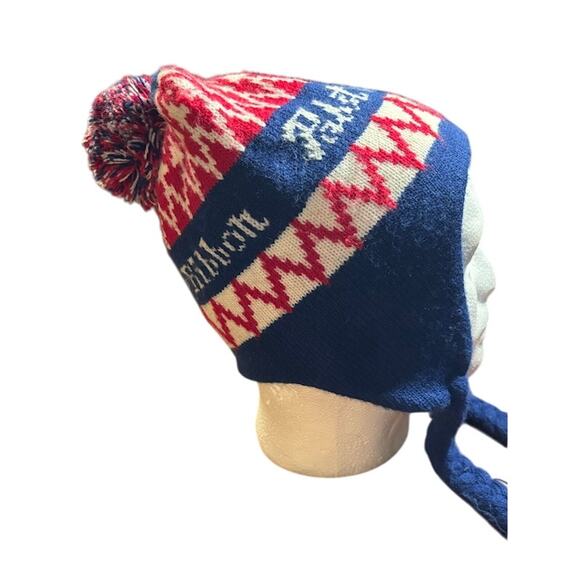 Pabst Blue Ribbon hat Pom beer PBR beanie earflaps w tassels red blue white - Picture 5 of 6
